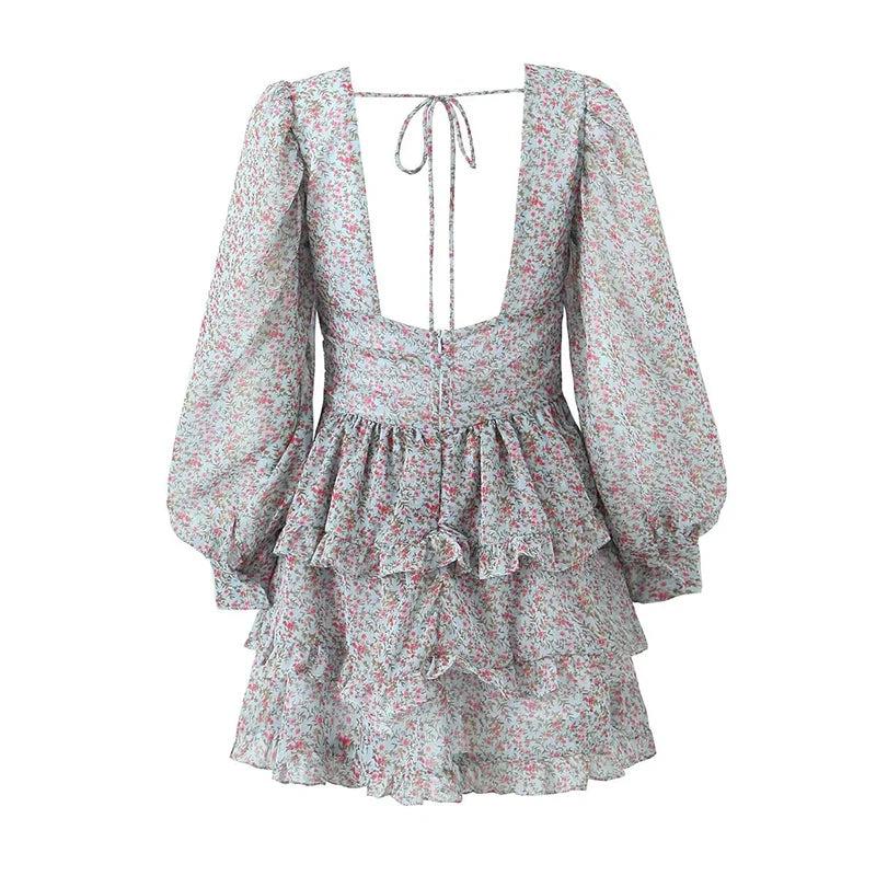 Aiertu  Spring 2024 Women Sexy Backless Floral Print Dress Puff Sleeve V Neck Layered Ruffle Cake Mini Dresses Holiday Party Robe Aiertu