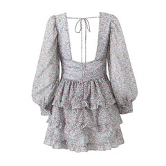 Aiertu  Spring 2024 Women Sexy Backless Floral Print Dress Puff Sleeve V Neck Layered Ruffle Cake Mini Dresses Holiday Party Robe Aiertu