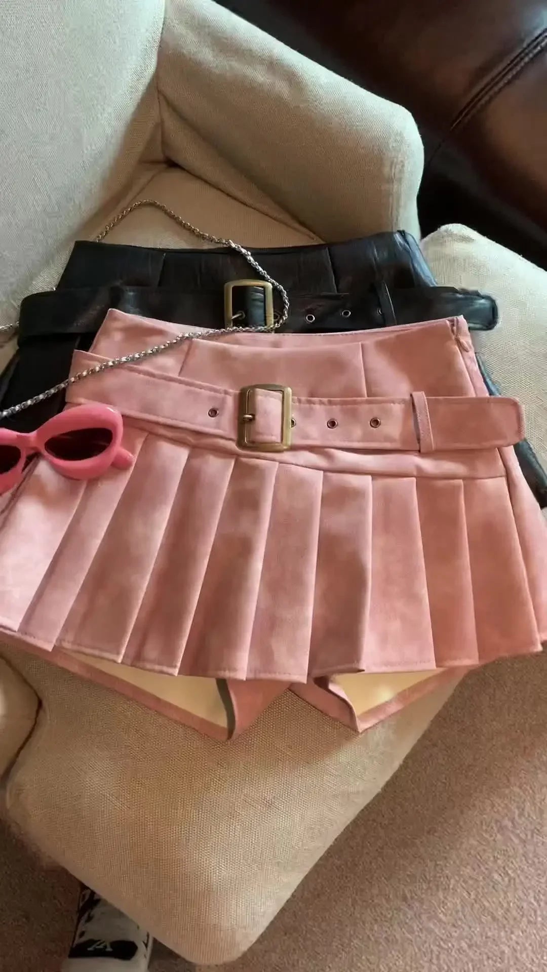 Aiertu  New Winter Women’s Sexy 90S PU Faux Leather Skirt Short Skinny High With Belt Short Mini Pleated Skirt With Shorts Y2K Aiertu