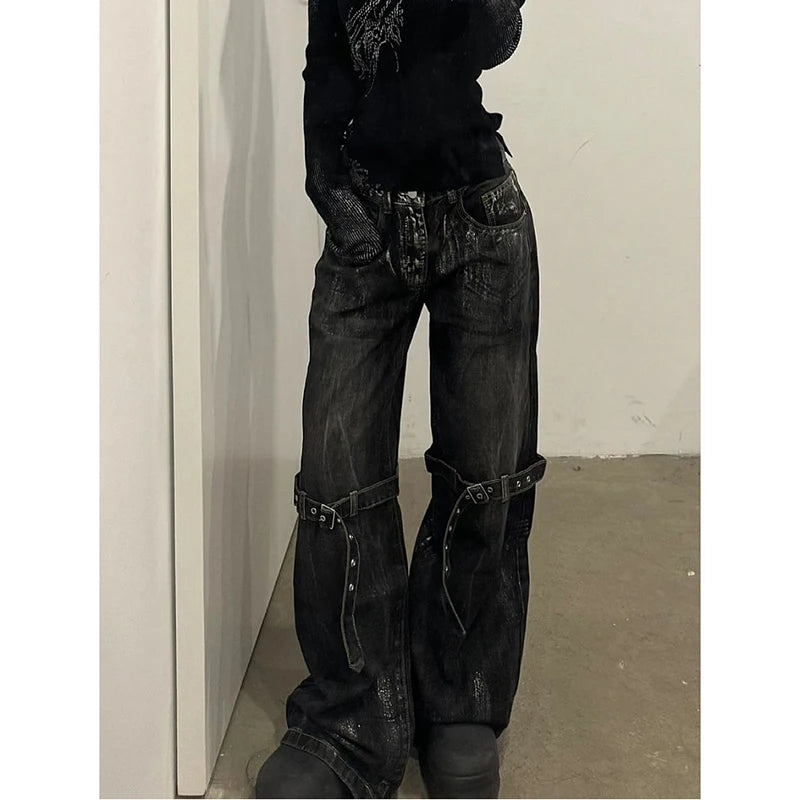 Aiertu Black Women's Jeans High Waist Hip Hop Straight Fashion Pants Streetwear Harajuku Y2K Star 2024 Female Wide Leg Denim Trouser Aiertu