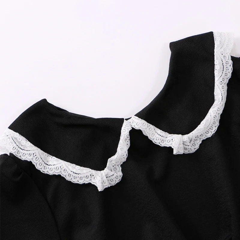 Aiertu 2024 Coquette Black Kawaii Lolita Style Dress Mori Girl Fairy Cute Lolita Peter Pan Collar Puff Sleeve Dress Fashion Women Aiertu