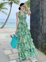 Aiertu Summer Green Tie Dye Sleeveless Halter Bandage Holiday Dress Women Temperament Slim Fashion Sweet Cake Long Dress 2023 Bohemian Aiertu
