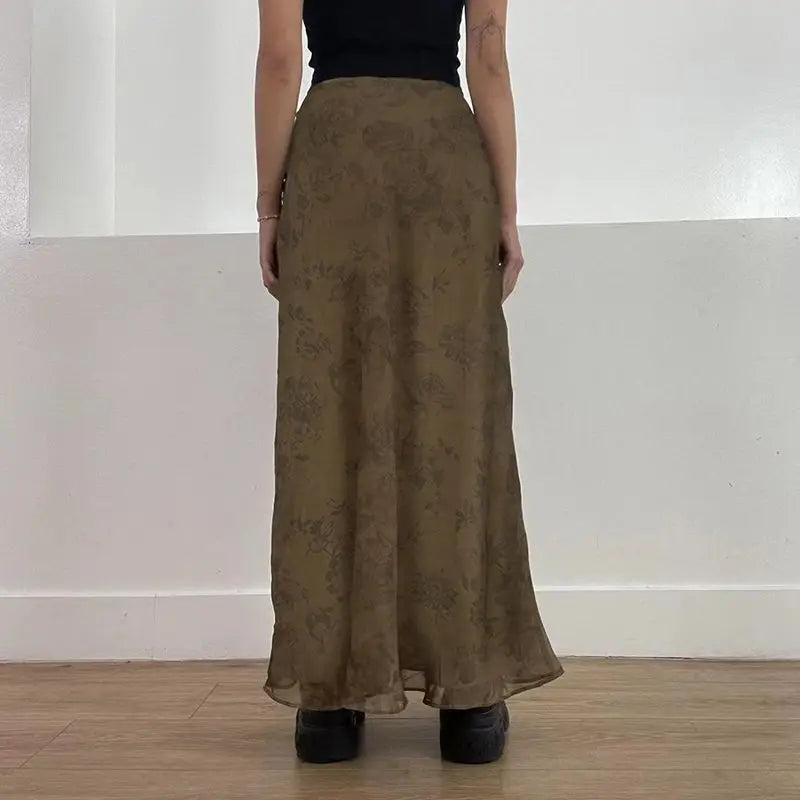 Aiertu Vintage Long Skirt Women Floral Print Low Rise Ladies Midi Skirts Y2K High Street Retro Aesthetic Casual Mesh Skirts Aiertu