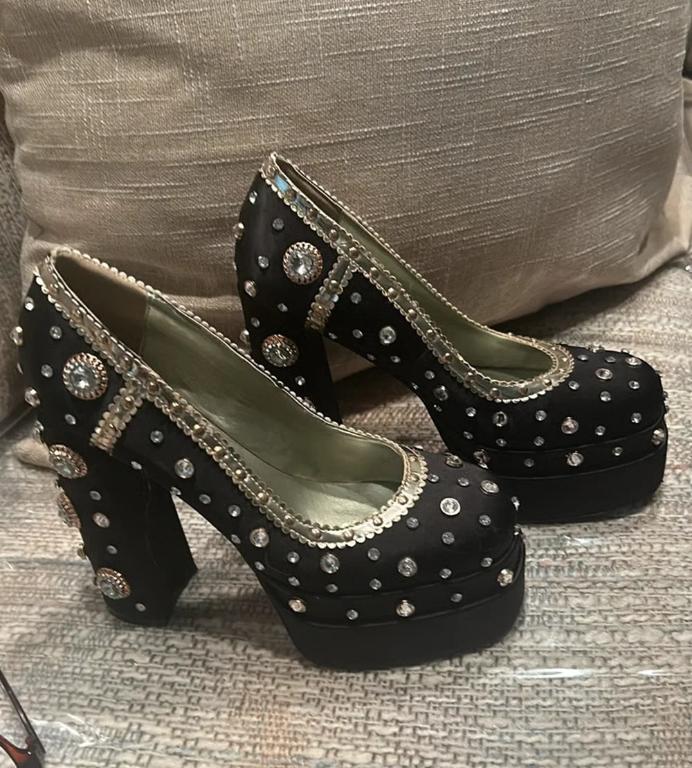 AIERTU  - High-Fashion Custom Blush Satin Platform Heels Purple Gem Crystal Gold Trim & Chunky Block Heel Sweet Elegant Red-Carpet Looks Aiertu