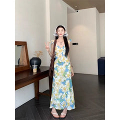 Aiertu 2024 Korean Chic Summer Dress Vintage Elegant Print Ruffles V Neck Off Shoulder Beach Dress Chiffon Dresses Long Aiertu