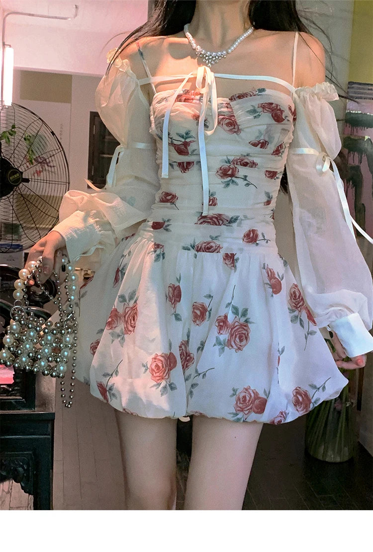 Aiertu Sweet Floral Sexy Strap Dress Women Folds Designer Casual  Mini Fairy Dress Female 2024 Summer Puff Sleeve Korean Princess Dress Aiertu