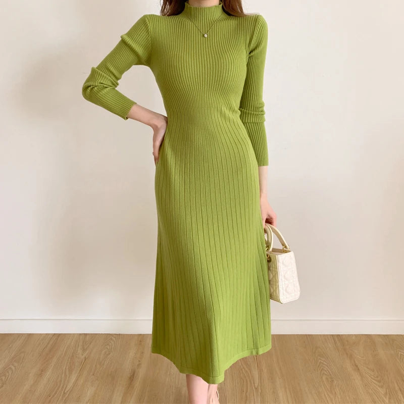 Aiertu Autumn Winter Long Sleeve Party Dress Women Button Knitted Mid-calf  Half High Collar Elegant Knitted Sweater Dresses Ladies Aiertu