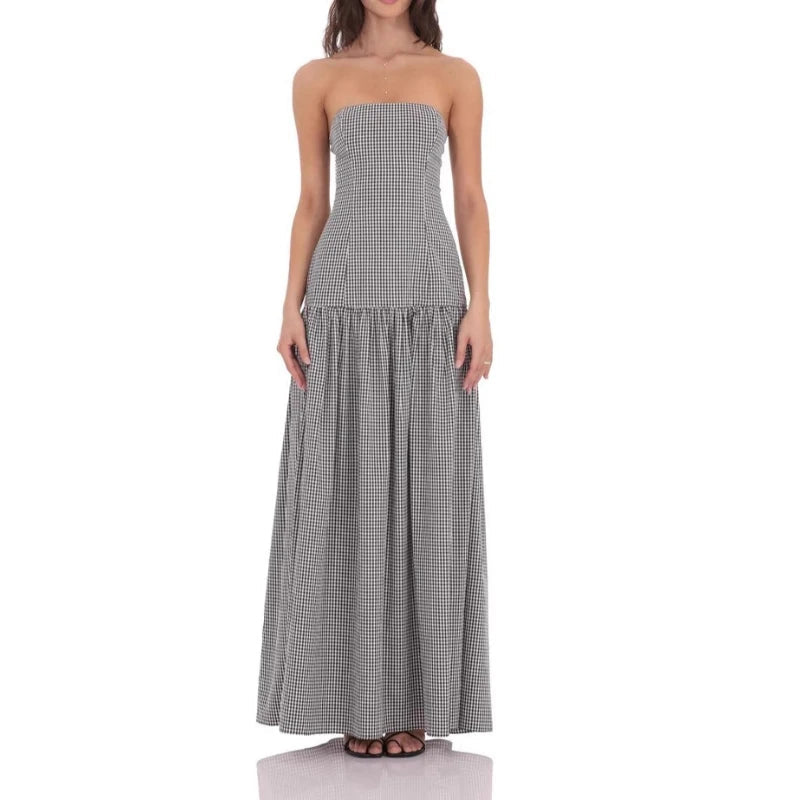 AIERTU  -  Pink Elegant Maxi Long Dresses Pleated Ruched Off Shoulder Women A-Line Party Vintage Gingham High Street  Slash Sexy Summer Aiertu
