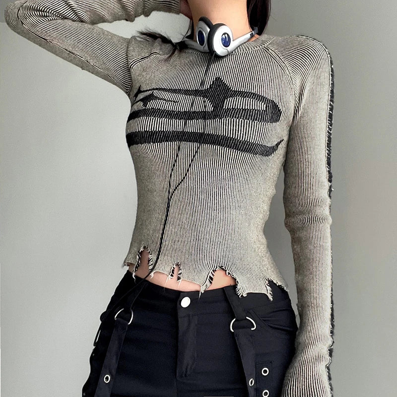 Aiertu Vintage Ripped Stitched Sweater Pullovers Harajuku Print Full Sleeve Jumpers for Women Autumn Winter Knitwears Streetwear Aiertu