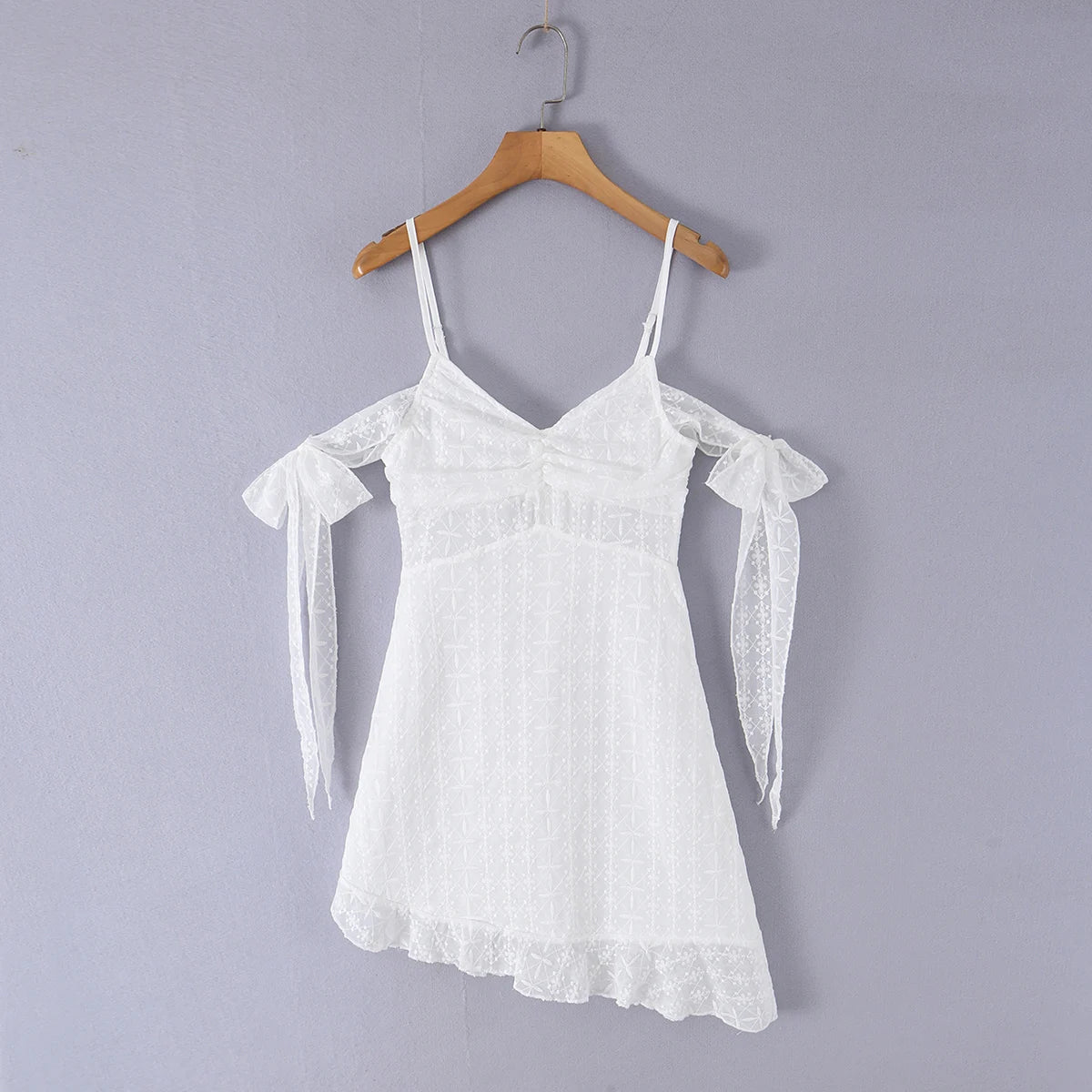 AIERTU  -  Summer White Lace Mini Dress Women Off Shoulder Tie Detail Sleeve V Neck Beach Party Irregular Dress Aiertu
