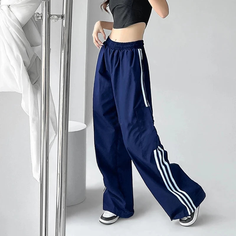 Aiertu Striped Sweatpants Women Hip Hop Streetwear Baggy Wide Leg Cargo Pants Bf Y2K High Waist Drawstring Joggers Trousers Aiertu