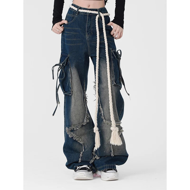 Aiertu American Retro Stars Tassels High Waist Straight Jeans Pants Women's Casual Baggy Y2K Wide Leg Grunge Streetwear Denim Trouser Aiertu