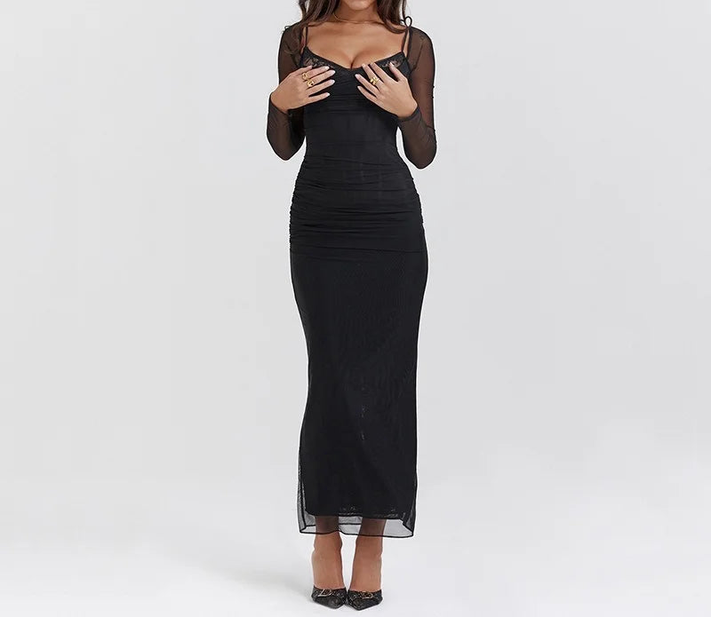 AIERTU  -  Spring Summer Fashion Long Sleeve Mesh Dress High End Slim Temperament Slit Long Dress Aiertu