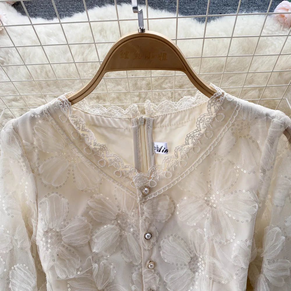 Aiertu Lace French Style Long Dress Summer Women V Neck Long Sleeves Zipper Ladies Sexy Vacation A Line Beach Dresses Aiertu