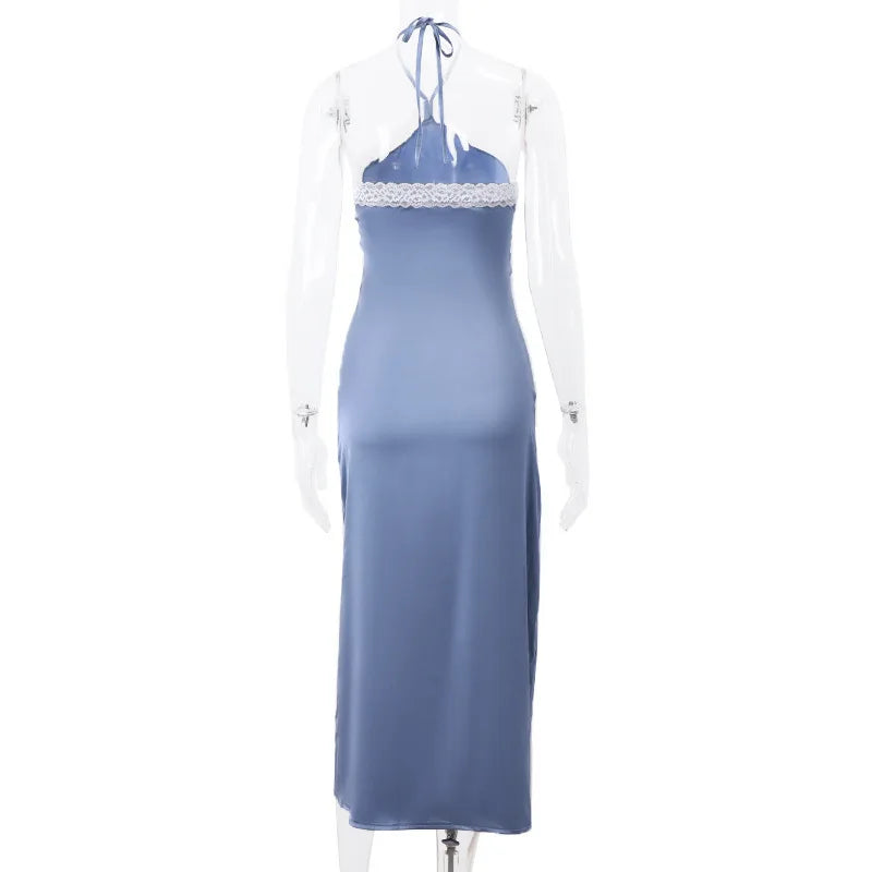 AIERTU  -  Elegant Square Shoulders Backless Splicing Satin Dress Women Slim Fit  Neck Hanging Midi Aiertu