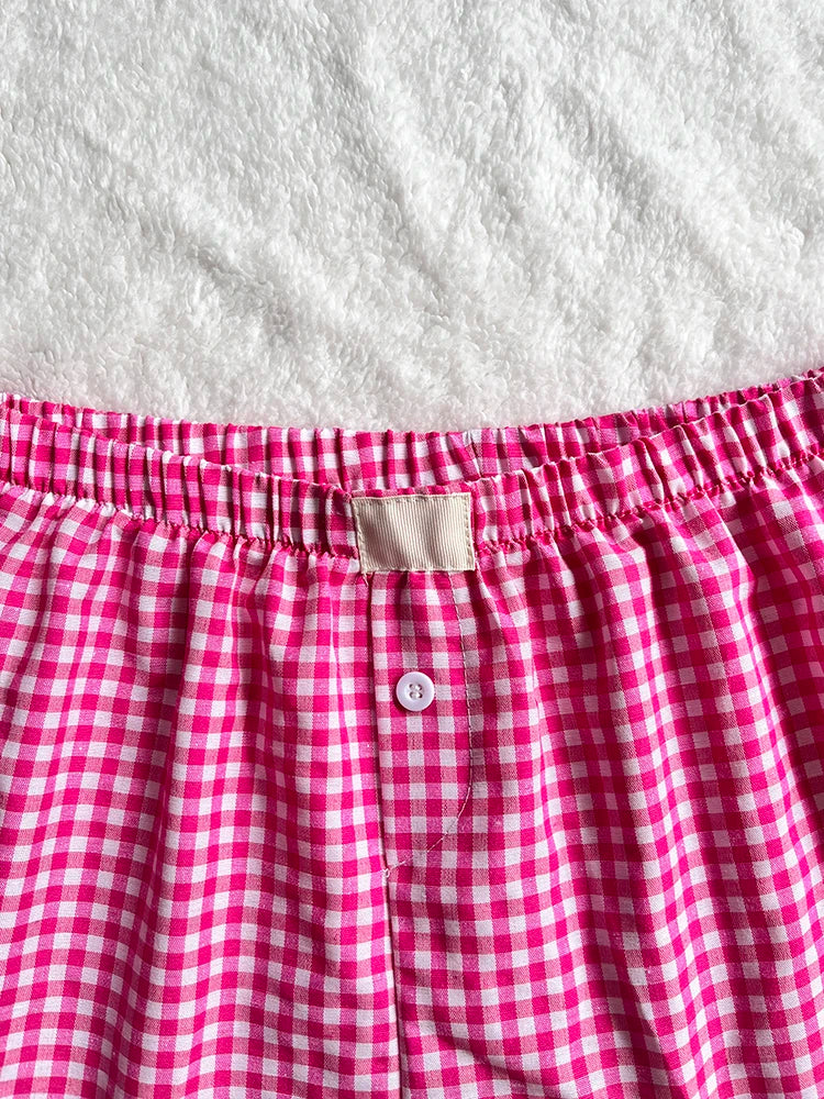 Aiertu Gingham Boxer Shorts for Women Teen-girls Elastic Waistband Pull-on Red Blue Plaid Shorts Outfit Casual Lounge Summer Shorts Aiertu