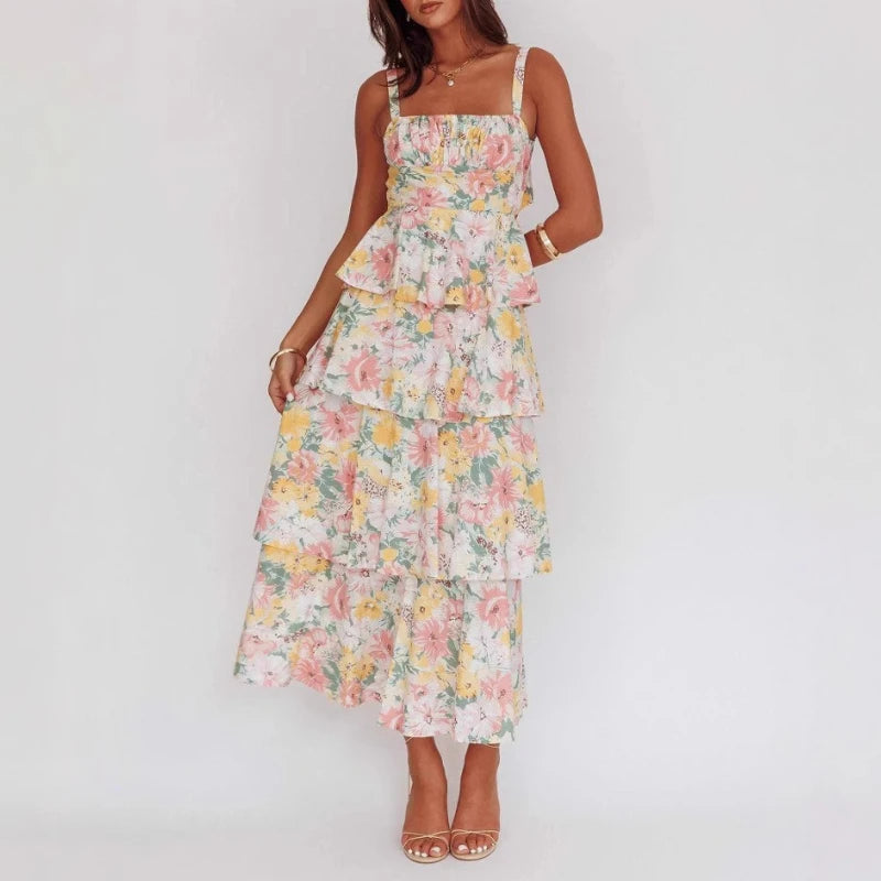 AIERTU  -  Cake Dress Floral Printed Sleeveless Straps U Neck Tank A Line Slim Waist Strap Tierred Holiday Beach Summer Long Dress Women Aiertu