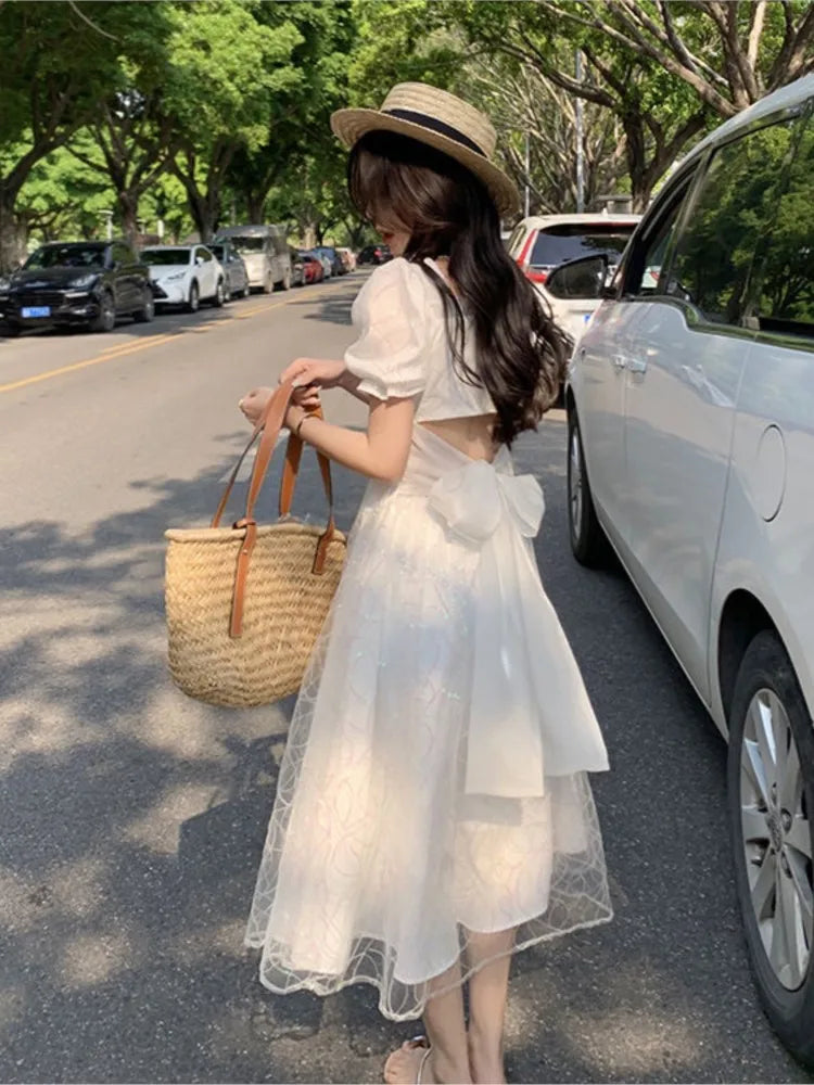Aiertu Women Sweet Pink Puff Sleeve A-line Mini Dress Female Mesh  Square Collar Holiday Dress Shiny Girl Design Dress Aiertu
