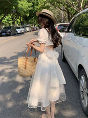 Aiertu Women Sweet Pink Puff Sleeve A-line Mini Dress Female Mesh  Square Collar Holiday Dress Shiny Girl Design Dress Aiertu