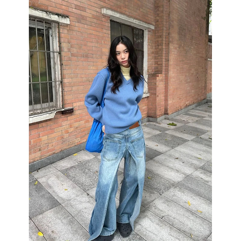 Aiertu Women's Retro Wide Leg Baggy Casual Denim Trouser Harajuku Vintage High Waist Loose Jeans 2024 Spring Fashion Blue Pants Aiertu
