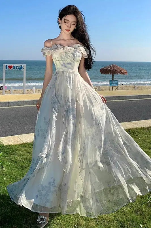 Aiertu French Vintage Bohemian Beige Print Ruffles Slip Long Dresses Summer Elegant Lady Off Shoulder Party Evening Dress Vestidos Robe Aiertu
