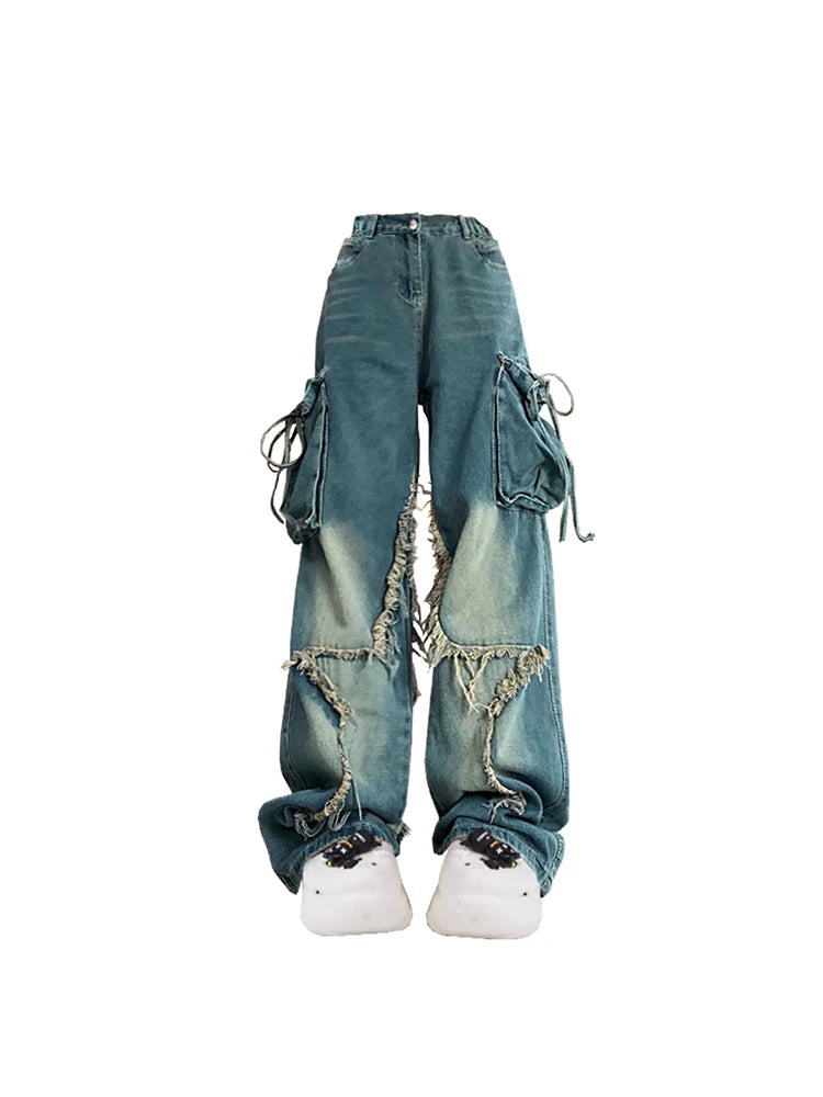 Aiertu Women Blue Cargo Jeans Baggy Vintage 90s Aesthetic High Waist Cowboy Pants Harajuku Denim Trousers Y2k Trashy 2000s Clothes 2024 Aiertu