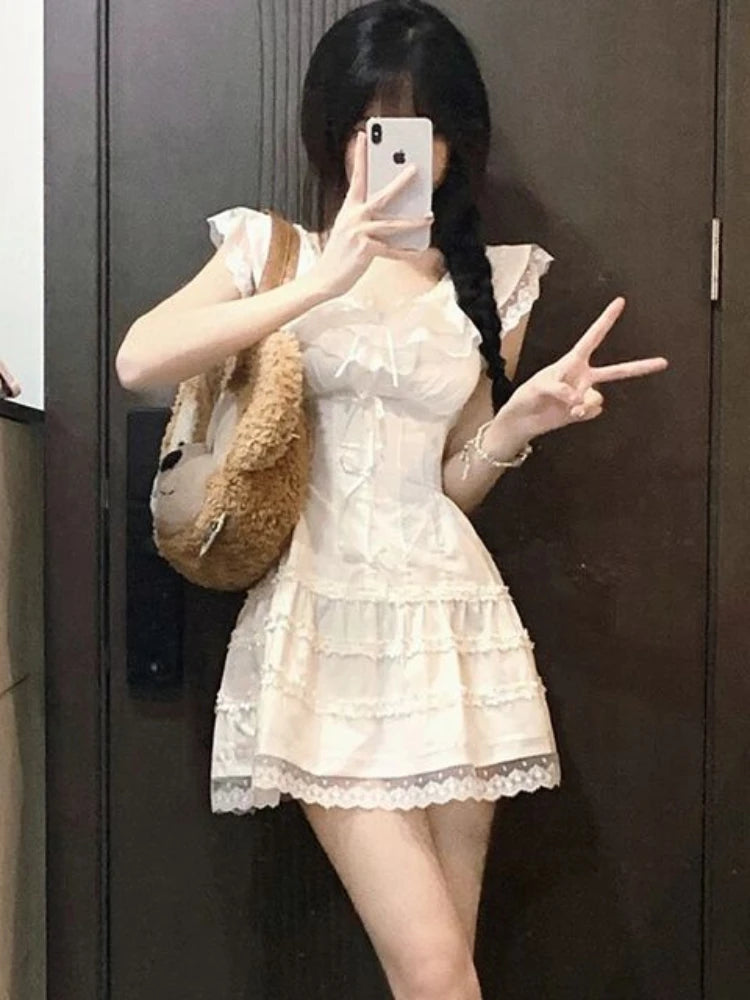 Aiertu Y2k Coquette White Lolita Sweet White Kwaii Cute Mini Dress Women Lace Bow Princess Slip Lace Short Dresses 2024 Fashion Aiertu