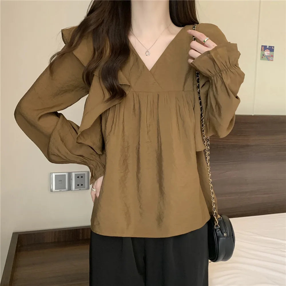 Stylish Flare Sleeve Spliced Ruffles Blouse Female Clothing Autumn New Oversized Casual Pullovers All - match Sweet Shirt Aiertu