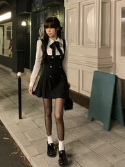 Aiertu Autumn Fake Two Dress Women Slim Chic Long Sleeve Bow Casual Y2k Mini Dress Female Korean Fashion Elegant Short Party Dress Aiertu