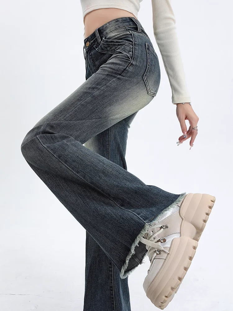 Aiertu Blue High Waist Skinny Pants Jeans Women Autumn High Street Slimming Trumpet Denim Pants Retro Extended Version Horseshoe Pants aiertu