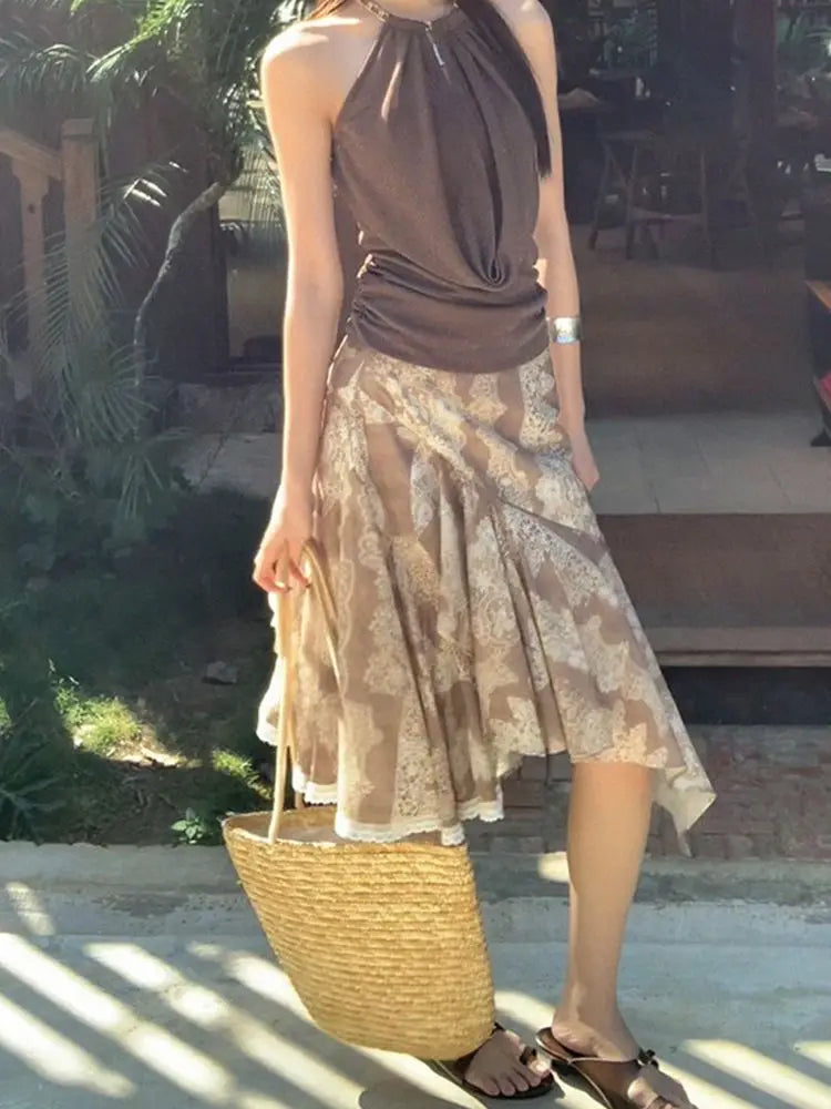 AIERTU  -  New Irregular Lace Splicing Hip Skirt Retro Versatile High Waist Hip Cover Mid-length Skirt Aiertu