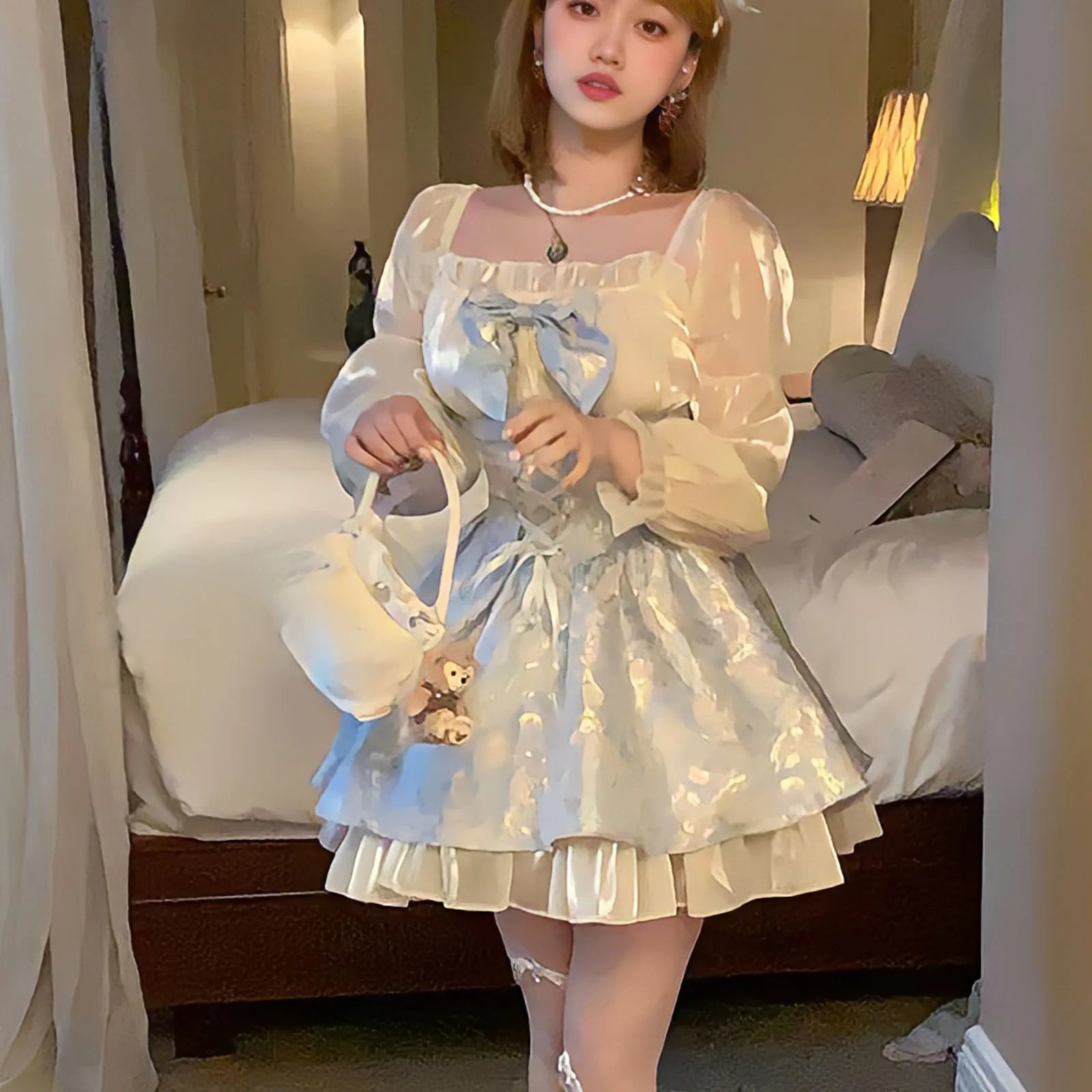 Aiertu  Princess Dress Women Party Y2k Bandage Blue Cosplay Costumes Japanese Puff Sleeve Ribbon Square Neck Bowknot Mini Dress Aiertu