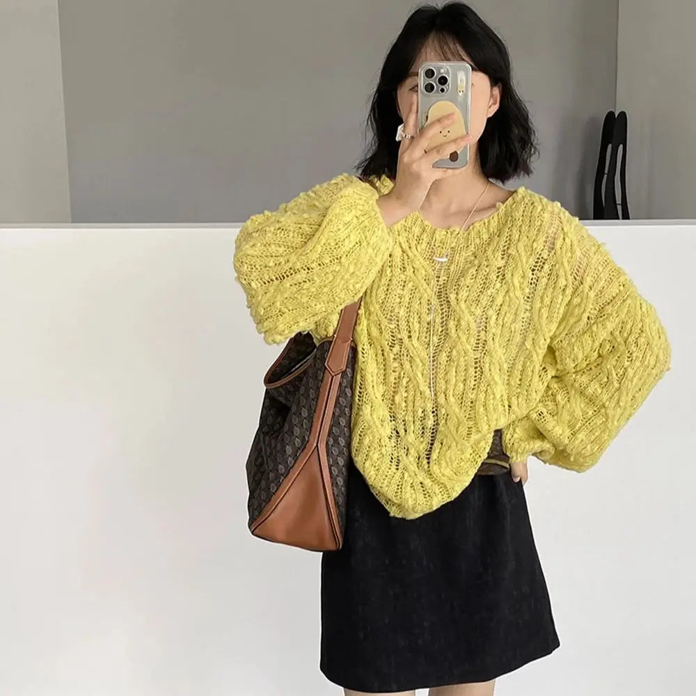 AIERTU  -  Loose Knitted Hollow Out Sweater Women's Lazy Style Solid Color Lantern Sleeve Pullover Knitwear Female Autumn Winter Tops Aiertu