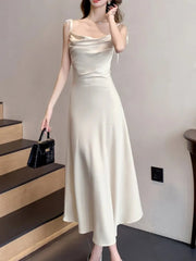 Aiertu Sleeveless Solid Chic Women Summer Dress Spaghetti Strap Satin Bodycon Elegant Midi Party Vestidos Female Long Clothes New Robe Aiertu