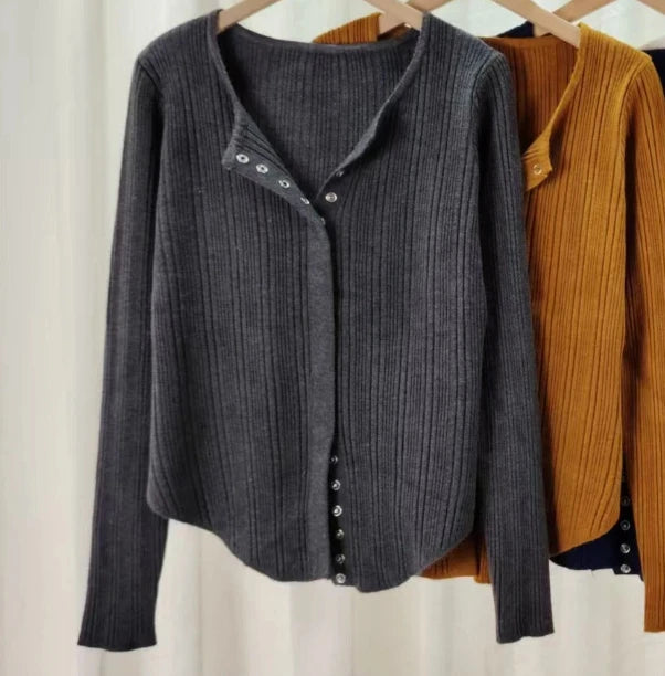 AIERTU  -  Women's Black Ribbed Knit Cardigan Button Design Long Sleeve Slim Fit Autumn Casual Fashion Stylish Knit Top Aiertu