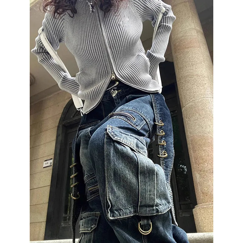 Aiertu Women's Casual Baggy Y2K Pants Wide Leg Grunge High Street Pockets Denim Trouser American Vintage High Waist Straight Jeans Aiertu