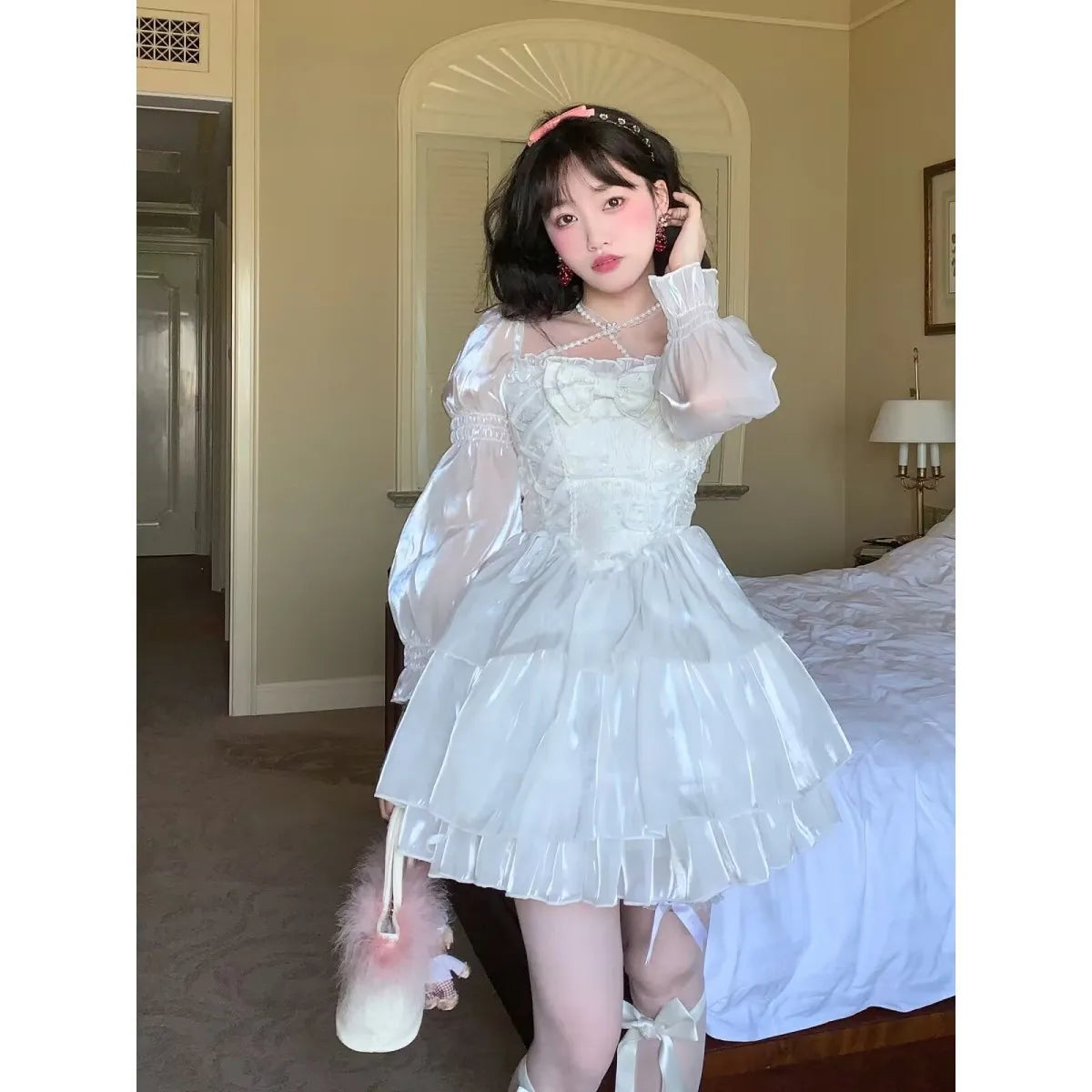 Aiertu Japanese Sweet Fairy Lolita Dress Women White Mesh Elegant Princess Dress Female Bow Casual Evening Party Dress Summer Slim Aiertu