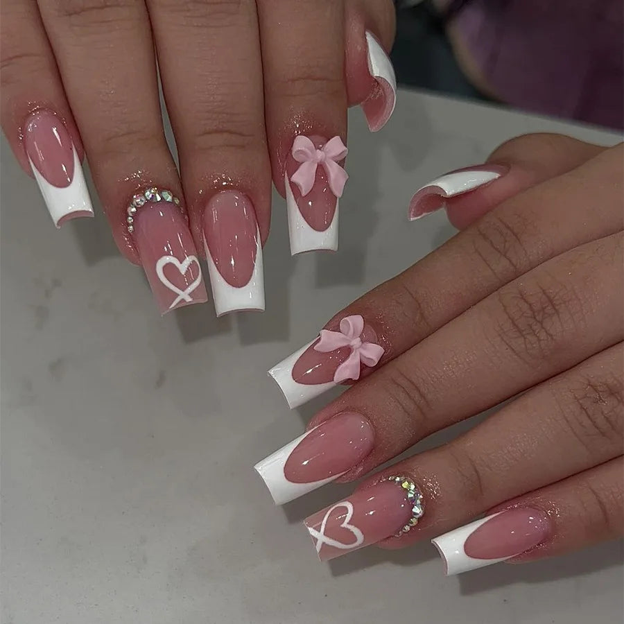 Aiertu 24Pcs Long Ballet False Nails with Bow Designs Pink Coffin Press on Nails Wearable French Fake Nail Full Cover Manicure Tips Aiertu