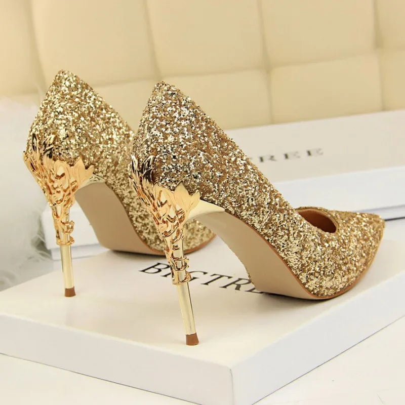 Aiertu 2024 Spring Summer New Crystal Sequins Bride Shoes High Heels Women's Fine Heel Versatile Pointed Toe Gown Single Shoes Aiertu