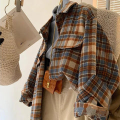 Aiertu FALL OUTFIT Plaid Woolen Shirts Women Tops Vintage Baggy Casual Outwear Fashion Korean Style Pockets All-match Chic Lapel Camisas De Mujer aiertu