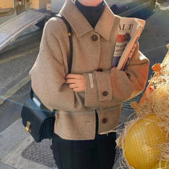 Aiertu Coat Women Wool Woolen Long Sleeve Overcoat Turn Down Collar Ladies Jacket Khaki Autumn Winter Short Woolen Top Korean Aiertu