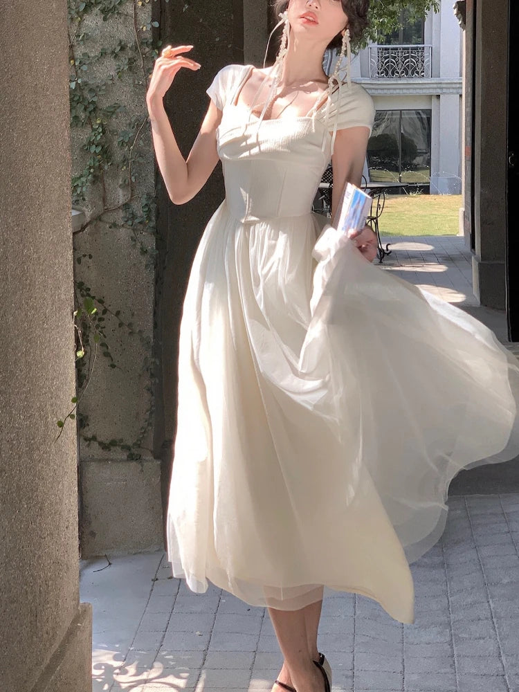Aiertu Pure Color French Elegant Dress Office Lady 2023 Summer Short Sleeve Fairy Midi Dress Casual Fashion Evening Party Dress Woman Aiertu