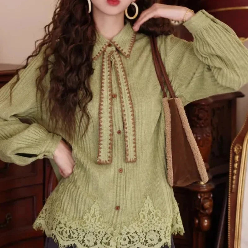 AIERTU  -  Vintage Hong Kong Style Women Knit Shirt Autumn Winter Bow Tie Lace Hem Loose Casual Long Sleeve Inner Blouse Aiertu
