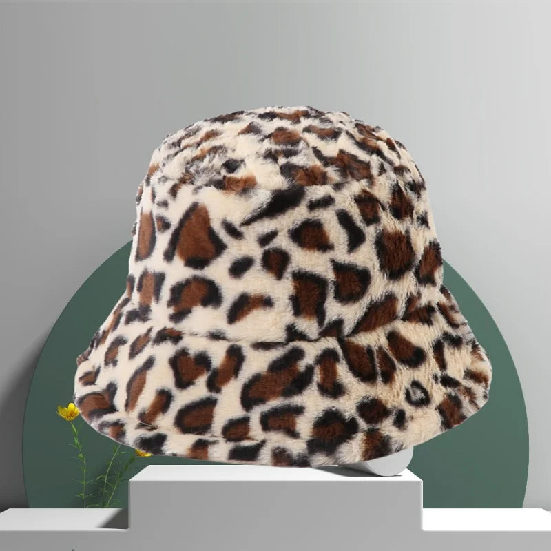 AIERTU  -  Leopard Print Faux Fur Bucket Hat Women Winter Warm Plush Fluffy Fisherman Cap Fashion Trendy Vintage Soft Cozy Wide Brim Hat Aiertu