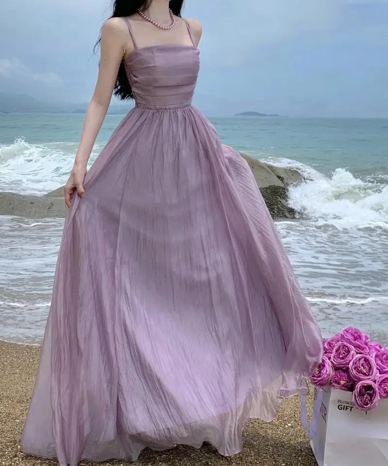 Aiertu Summer Purple Fairy Evening Party Long Dress Women Vintage Sexy Dresses Ladies Spaghetti Strap Tulle Pleated Dress Backless New Aiertu