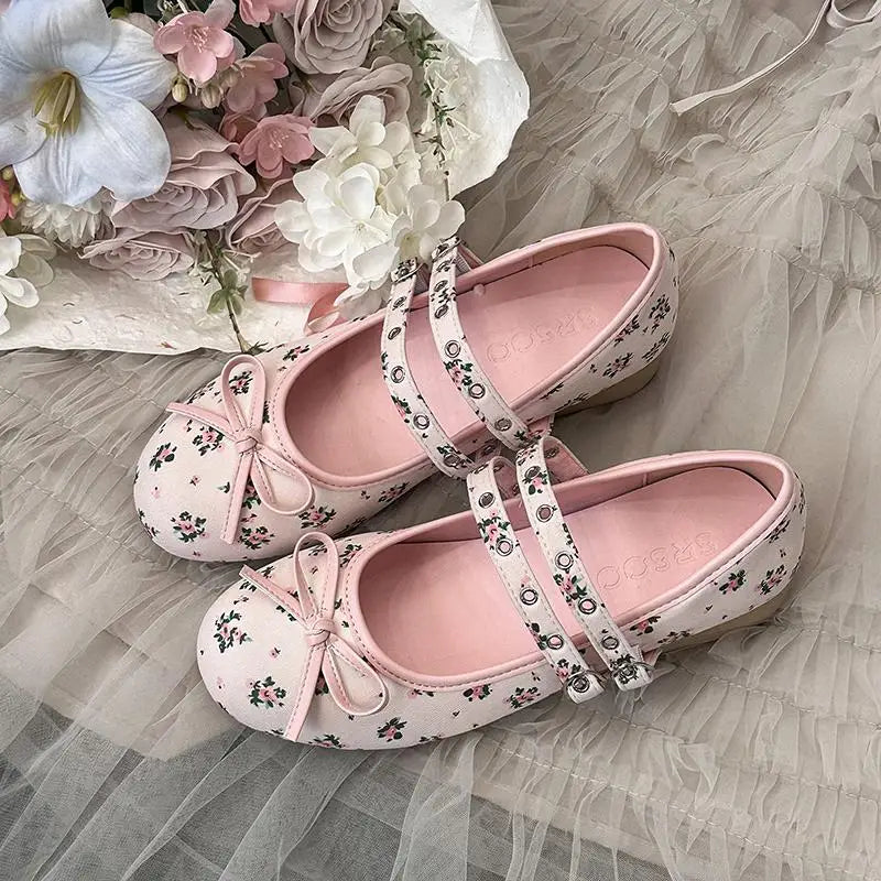 AIERTU  -  Pink Floral Pattern Low Heel Mary Jane Shoes Women Summer Comfort Silver Bowknot Ballet Flats Woman's Lolita Shoes Aiertu
