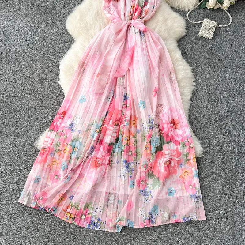 Chic Fashion Women Summer Floral Print Ruffles Skew Collar Off Shoulder Dresses Slim Elegant Pleated Vestidos Mujer Aiertu
