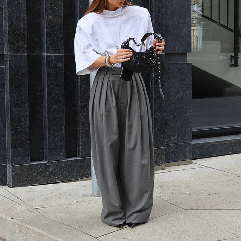 AIERTU  -  French Stylish Commuter Gray Pleated Harem Pants for Women Summer Fashion High Waist Chic Baggy Trousers with Pockets Aiertu