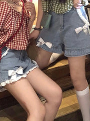 Aiertu Japanese Lolita Soft Girl Denim Shorts Female Student Spring Summer High Waist Lace Bow A- Line Wide Leg Shorts Jeans Hot Pants Aiertu