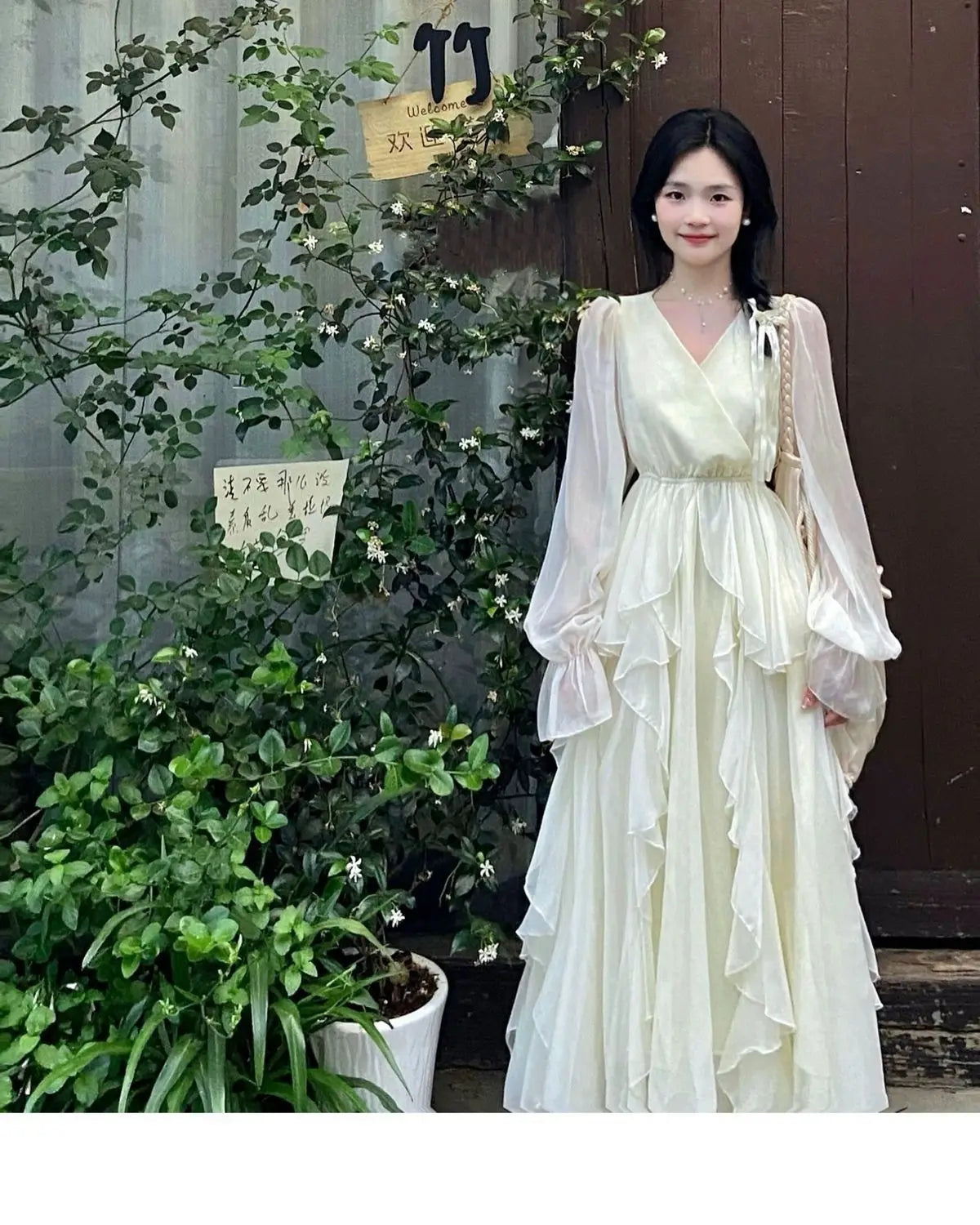 AIERTU  -  Spring/summer Women's New Milky White French First Love Long Skirt Fairy Skirt Gentle Style V-neck Slimming Drape Dress Aiertu